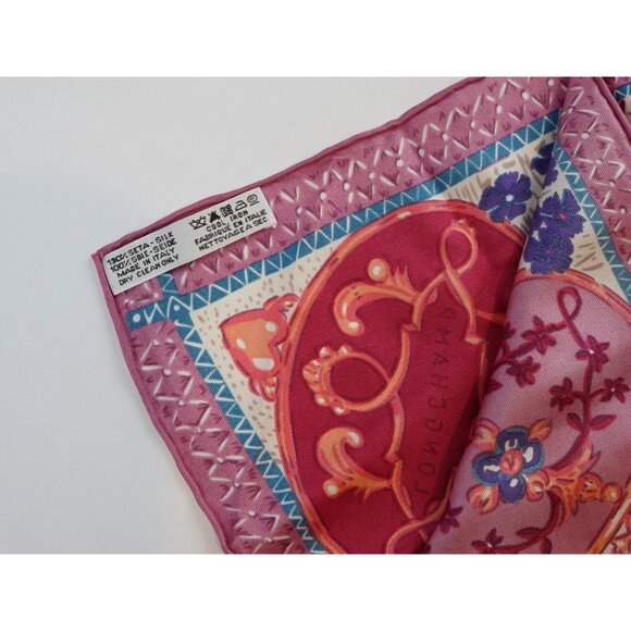 Longchamp Paris 100% Silk Scarf Floral Castle Pink - 34x34 - Picture 6 of 6
